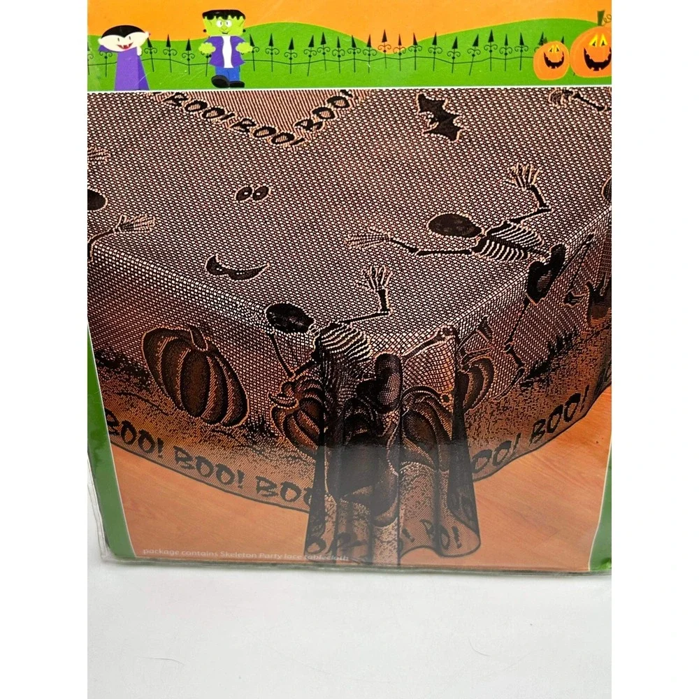 Halloween Alley Black Lace Dancing Skeleton Pumpkin Tablecloth 60in‎ X 84in